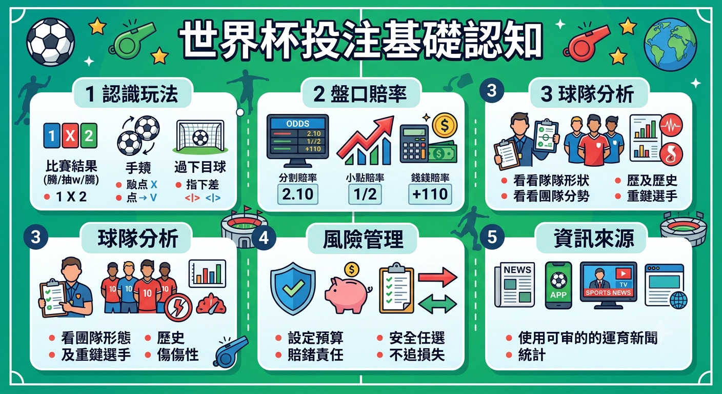 這是一張關於世界盃投注基礎認知的資訊圖表，採用簡潔的插圖與條列式設計。 畫面以綠色球場為背景，上方標示大標題，下方則透過五個區塊詳盡介紹投注玩法、賠率分析、球隊研究、風險控管及資訊獲取管道。