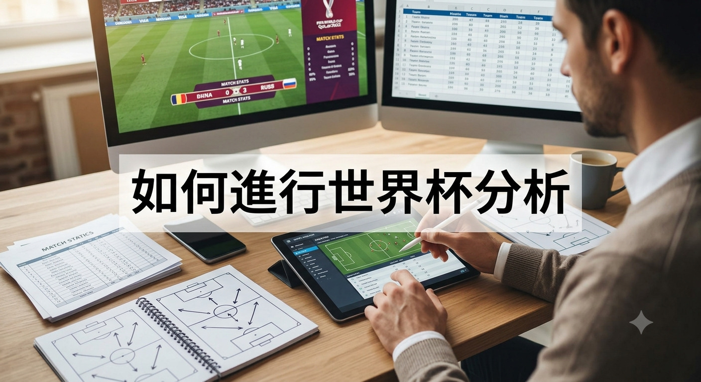 這張圖片呈現了一位分析師在工作環境中進行世界杯賽事數據研究的情景，螢幕上顯示著比賽統計數據。 畫面上方醒目地標示著「如何進行世界杯分析」的標題，整體風格專業且具備科技感。