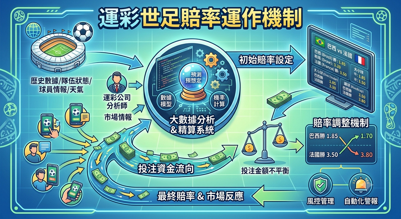 這張資訊圖表清晰地展示了運彩世足賠率的運作機制,從數據分析與模型預測到市場投注流向與賠率動態調整的完整過程。 透過視覺化的流程與專業分析視角,呈現出運彩公司如何綜合考量多方因素來決定並即時修正賽事賠率。