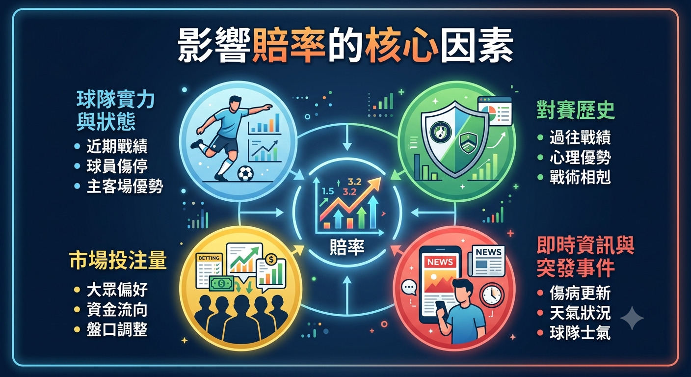 這張圖表以「影響賠率的核心因素」為標題,並將重點拆解為四個象限,分別說明球隊狀態、對賽歷史、市場投注量以及即時資訊如何影響賠率變動。 整體設計透過圖示與文字結合,直觀地呈現了體育博弈中多種外部變數與數據模型共同推動賠率調整的複雜過程。