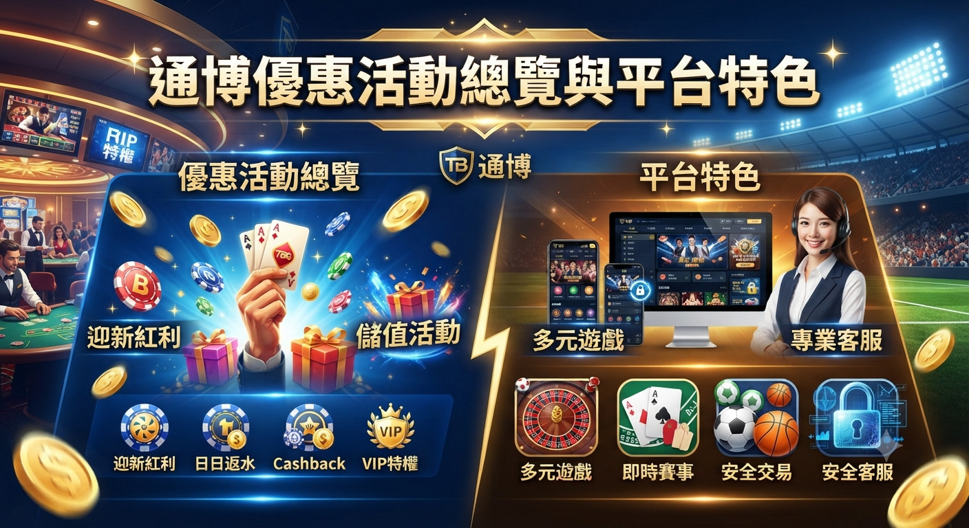 這張圖片展示了通博的優惠活動總覽與平台特色,背景融合了豐富的娛樂城元素與專業的客服形象。 畫面頂部醒目地標示著主題文字,整體呈現出高級且吸引人的視覺風格。