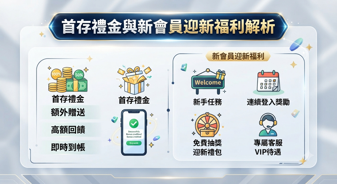 這是一張關於首存禮金與新會員迎新福利解析的精美資訊圖表。 畫面設計清晰,並突出了各項迎新優惠與專屬福利的詳細說明。