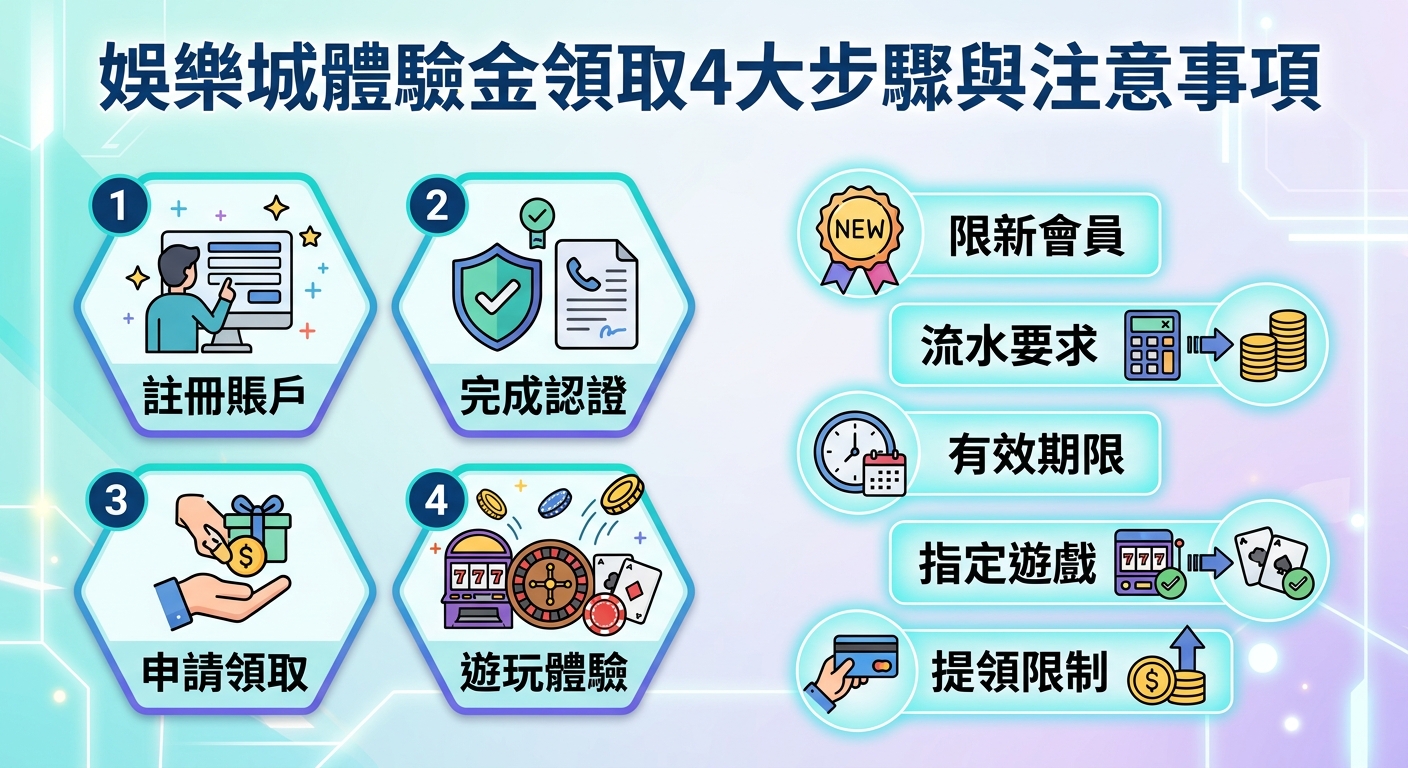 這張圖像是關於「娛樂城體驗金」的視覺懶人包,左側以藍色六角形標註了包含「註冊帳戶」與「完成認證」等4大領取步驟。 右側則以圓角標籤與圖示列出「限新會員」、「流水要求」及「提領限制」等領取時需特別注意的事項。