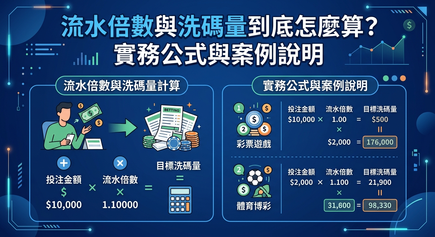 這張圖表採用深藍色科技風格設計,上方標題點出主題「流水倍數與洗碼量到底怎麼算?實務公式與案例說明」。 下方分為左右兩區,左側透過圖示說明投注金額與倍數的計算原理,右側則以彩色圖標配合表格呈現彩票與體育博彩的實務案例。