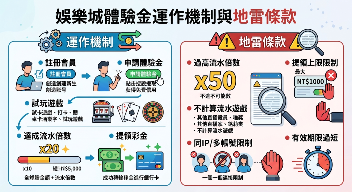 這張圖表說明了娛樂城體驗金的兩大核心內容:左側展示了從註冊、申請、試玩到達成流水並提領的運作流程;右側則列出了包含高流水倍數、提領上限及無效遊戲等常見的地雷條款。