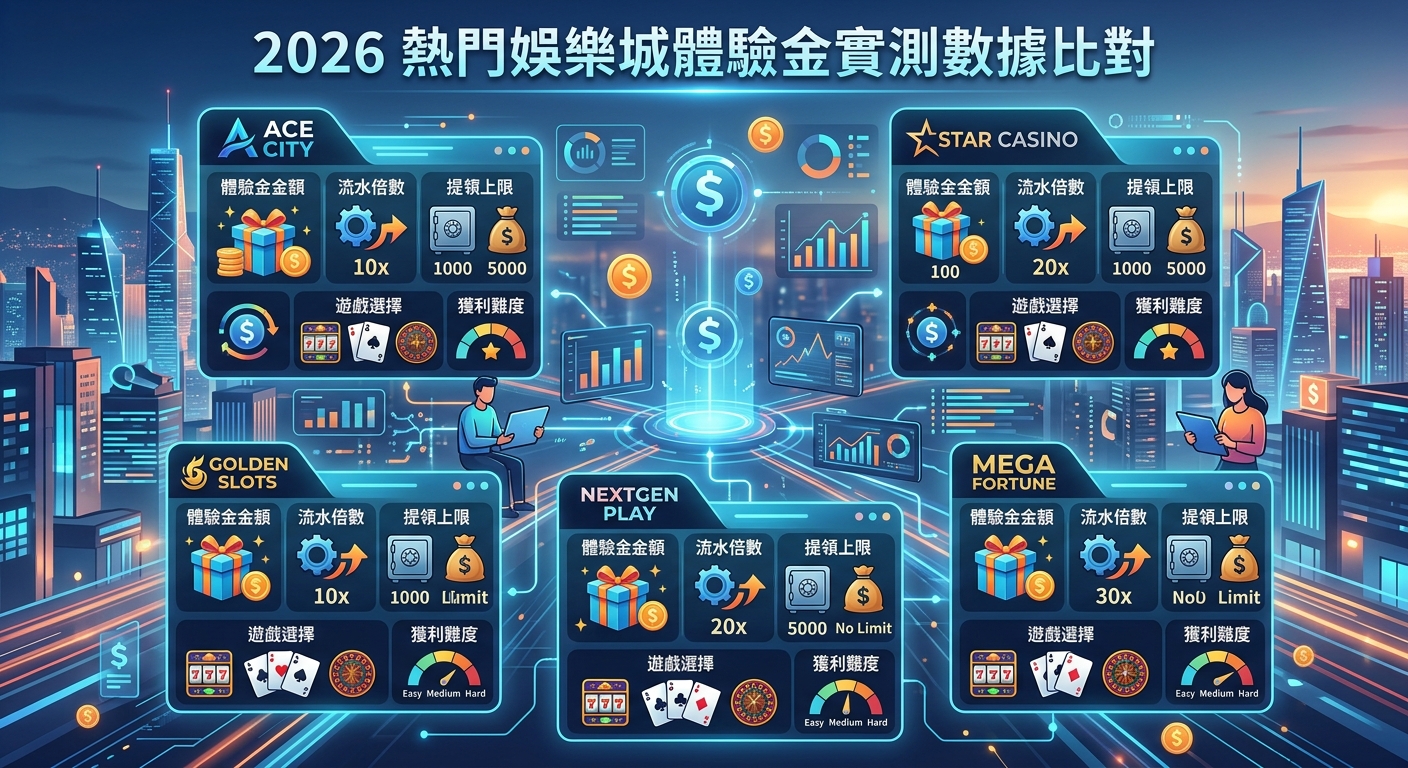 這張圖片以未來感都市夜景為背景,展示了2026年熱門娛樂城體驗金的實測數據比對。畫面中央結合了數據圖表與多個平台介面,突顯出獎金金額與流水倍數的對比分析。